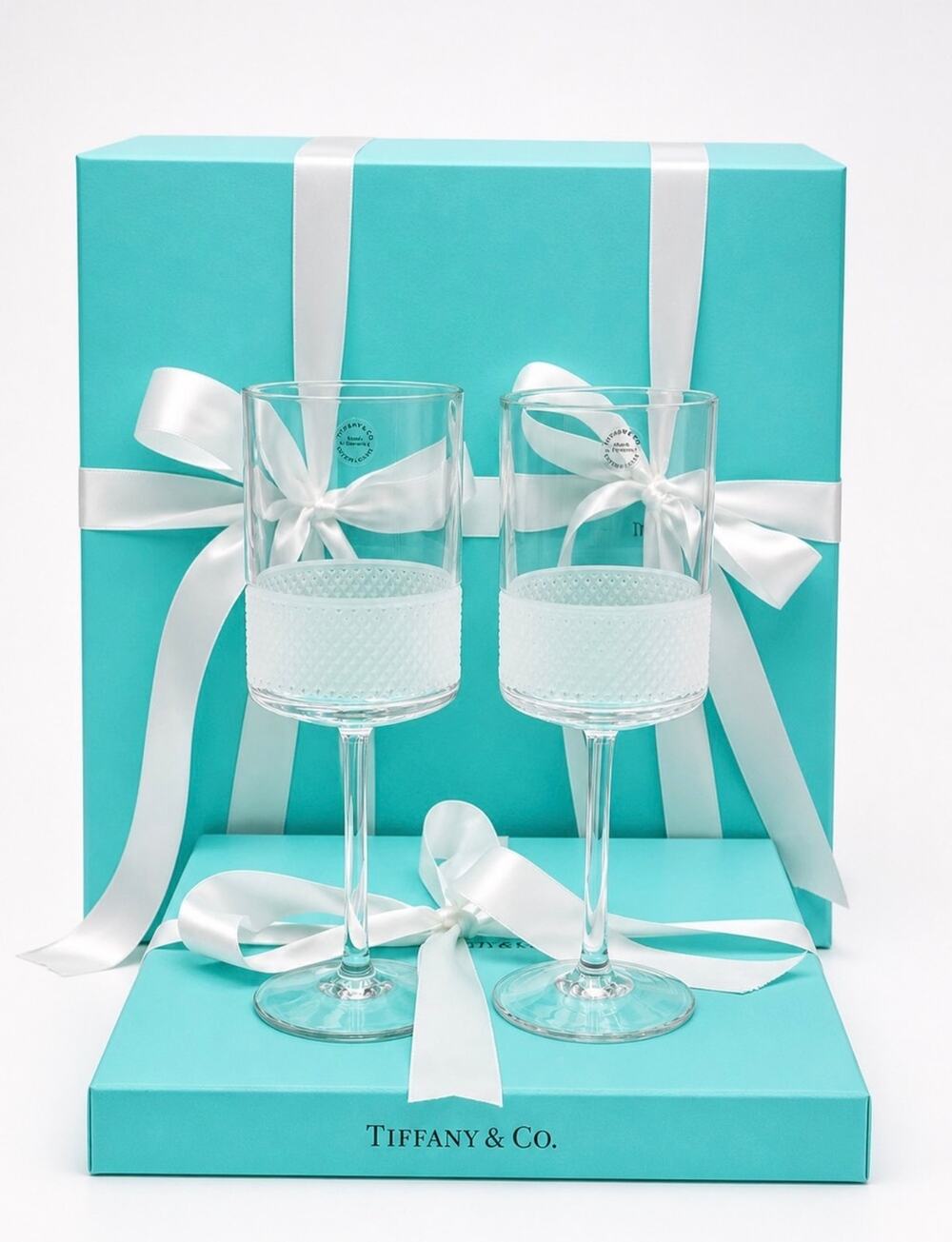 NEW - Tiffany & Co. Diamond Point Lead Crystal Wine Glasses Clear Slovenia Box